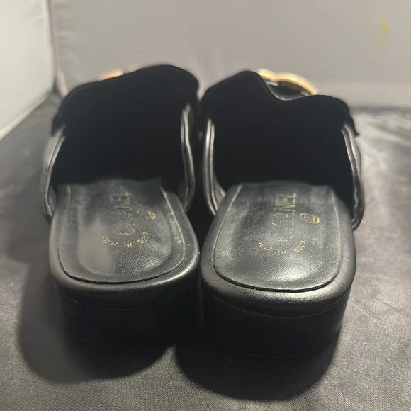 CHANEL Black Leather Mules with Gold Logo - Picture 11 of 13
